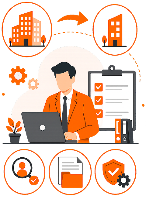 Illustration of a business executive working at a laptop next to a compliance checklist, company structure transition diagram, and icons for eligibility check, document folder, and legal security shield