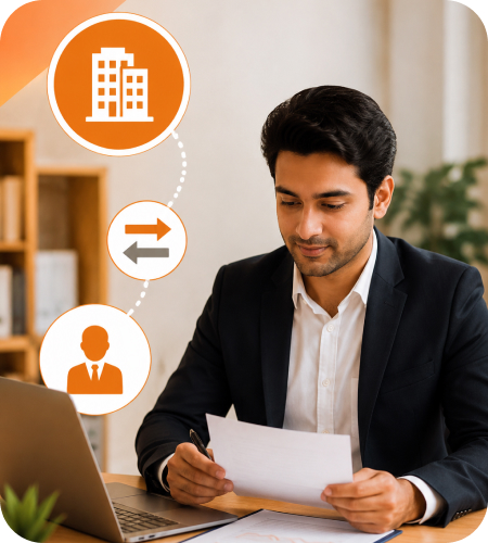 Business executive holding legal documents while working on a laptop with conversion arrows linking a multi-member company building to a single director icon