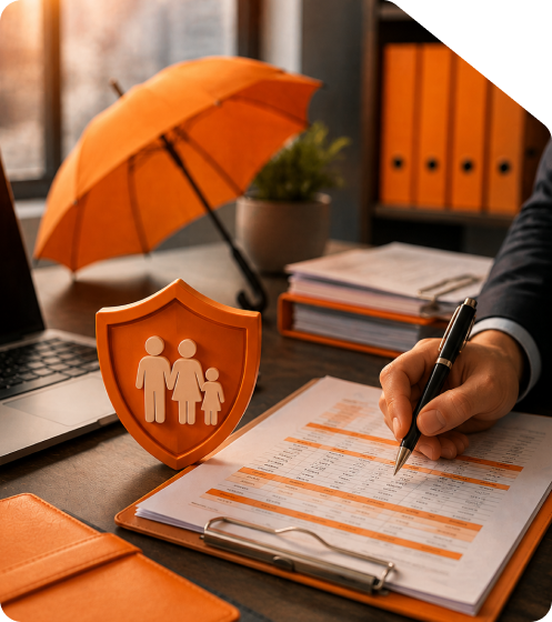 HR or tax consultant filling out ESI contribution details on a clipboard next to an orange family insurance shield and umbrella