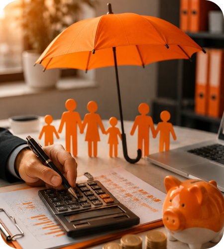 Business manager using a calculator next to orange employee figures under a protective umbrella and piggy bank