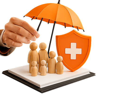 3D render of wooden family figures on a document guarded by an orange medical cross shield and an orange umbrella held by hands