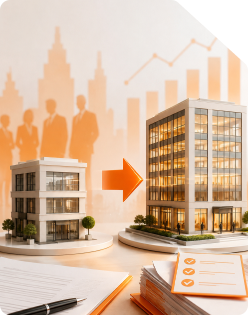 Scale model of a small business office transitioning via an orange arrow to a large corporate glass building next to filing documents on a desk
