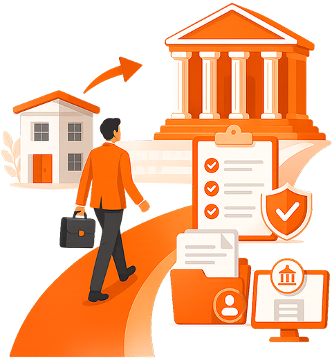 Illustration of a business executive walking from a small office building toward a large public institution alongside a compliance checklist, document folder, and legal security shield