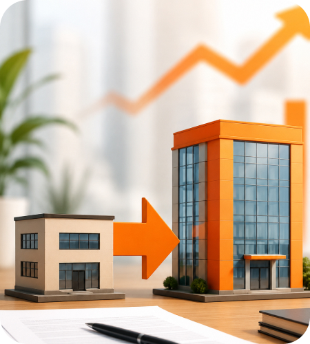 Scale model showing a small office building transitioning via an orange arrow to a large glass skyscraper with an upward growth chart in the background