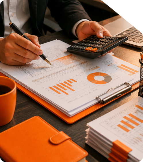 Tax accountant calculating quarterly tax deductions on a calculator with financial statements on an orange clipboard and laptop on desk