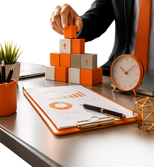 Business professional stacking wooden blocks with upward growth arrows next to an orange TDS return document folder and desk clock