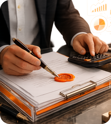 Tax professional signing a TDS deduction agreement document on a clipboard next to a financial calculator and laptop